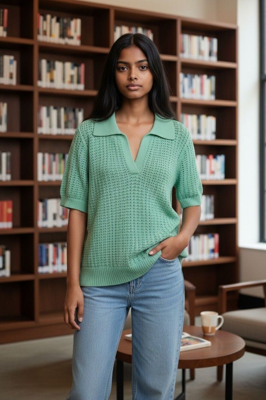 Talbots Open Stitch Green Sweater Collared Vneck Size Lp NWT